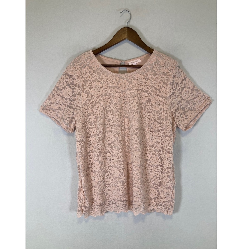 Romantic Teddi Rose Women XXL Blush Pink Floral Lace Short Sleeve Blouse Top